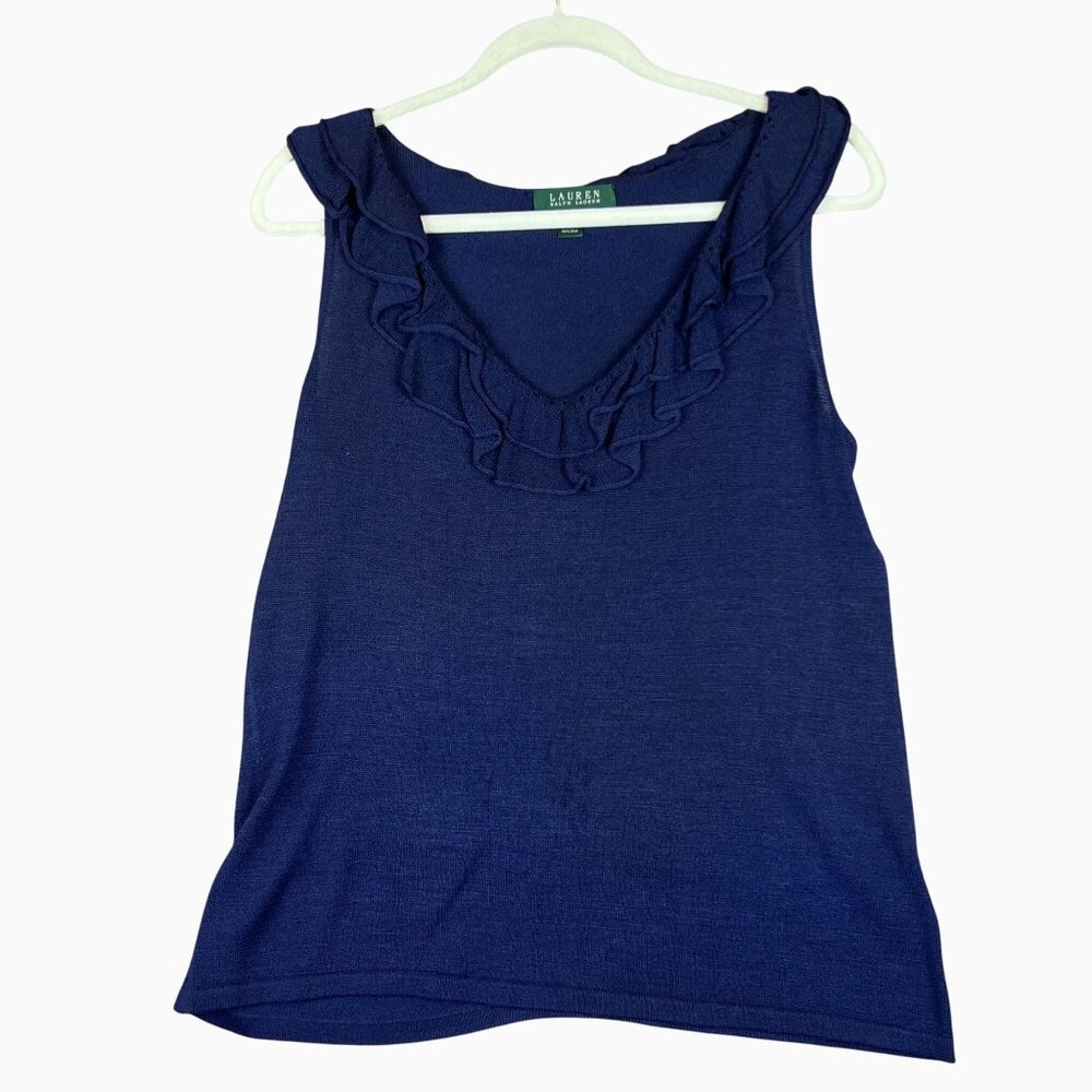 Ralph Lauren Womens Large Navy Ruffle V-Neck 100% Silk Preppy Classic Tank Top - Picture 2 of 11
